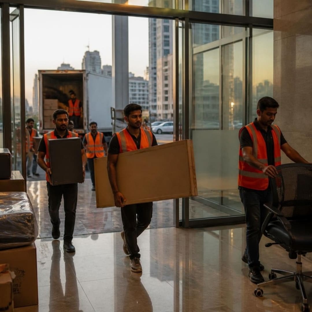 Pak Loaders crew carrying office furniture and boxes to the truck